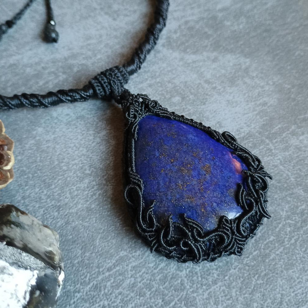 The Magic Blue | Lapis Lazuli Macrame Necklace | Freehand Design | Pendant size approx 7.4 cm