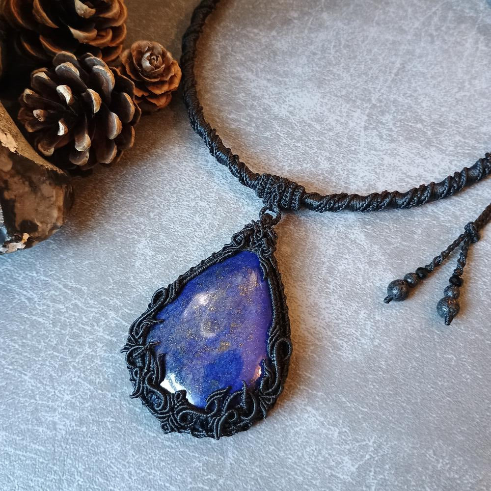The Magic Blue | Lapis Lazuli Macrame Necklace | Freehand Design | Pendant size approx 7.4 cm