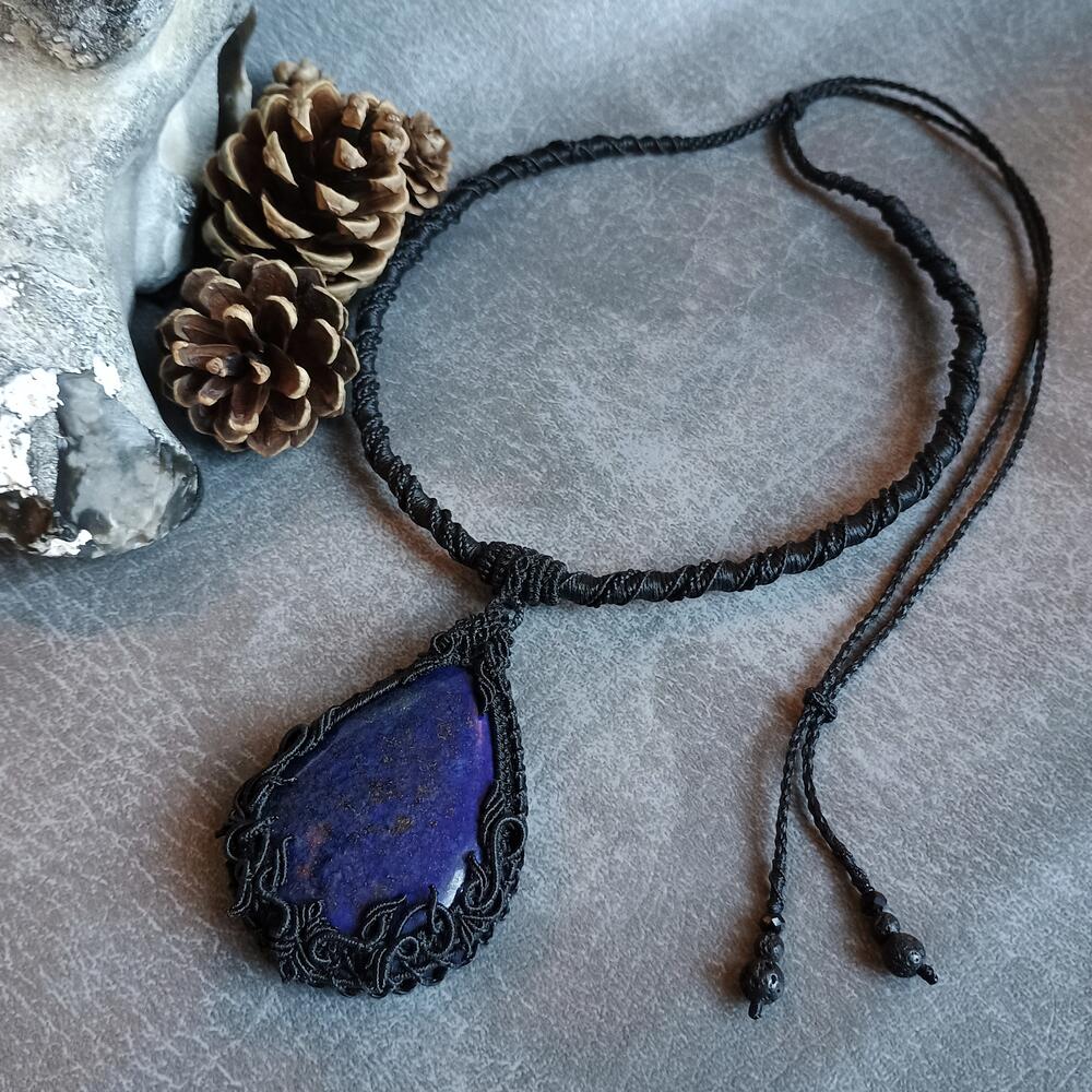 The Magic Blue | Lapis Lazuli Macrame Necklace | Freehand Design | Pendant size approx 7.4 cm