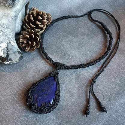 The Magic Blue | Lapis Lazuli Macrame Necklace | Freehand Design | Pendant size approx 7.4 cm