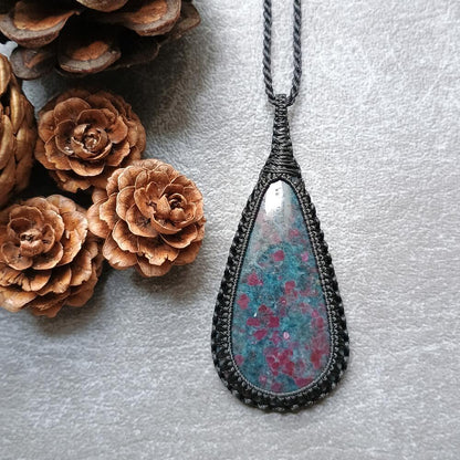 Ruby Kyanite Macrame Necklace | Pendant size approx 7.2 cm