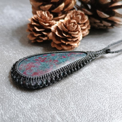 Ruby Kyanite Macrame Necklace | Pendant size approx 7.2 cm