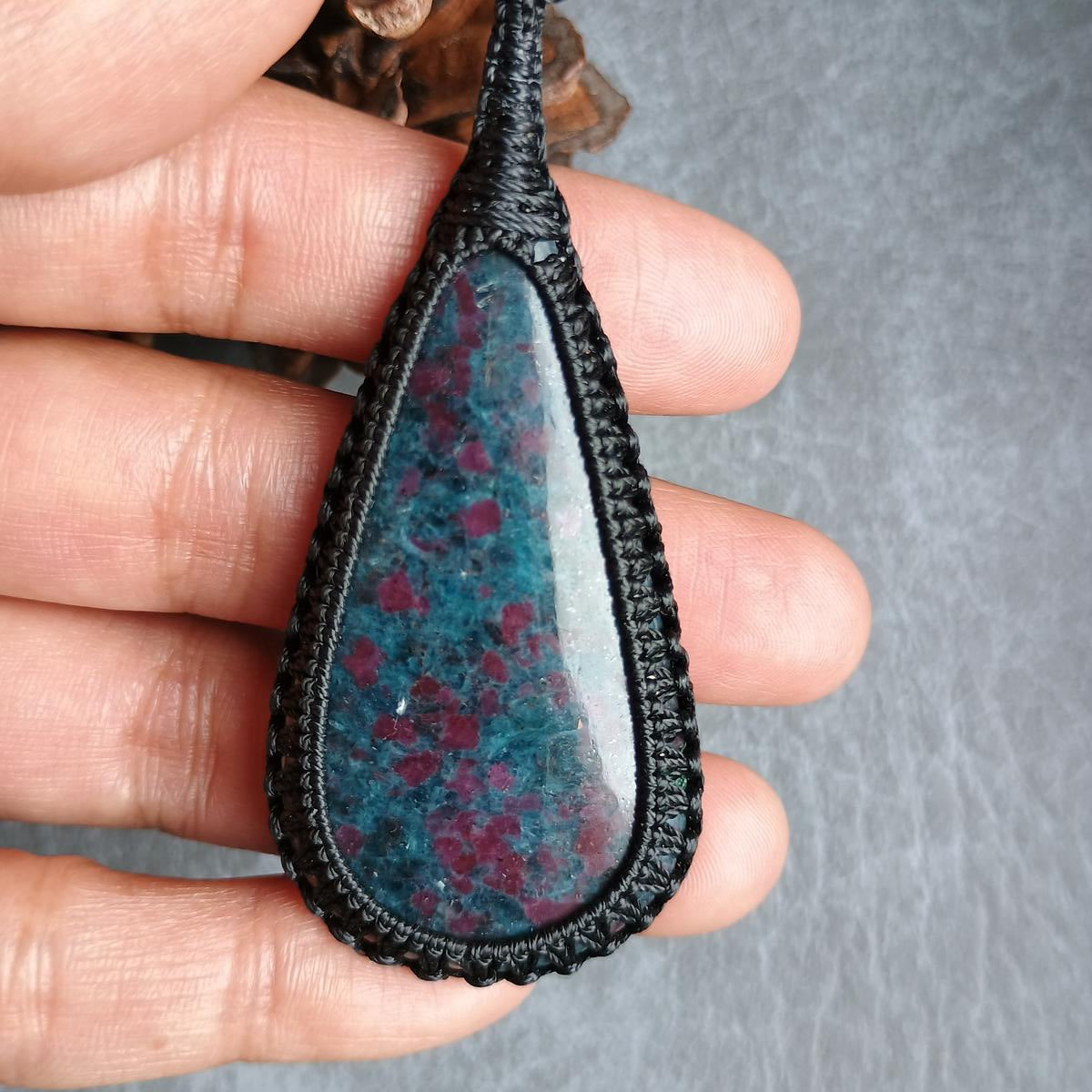 Ruby Kyanite Macrame Necklace | Pendant size approx 7.2 cm