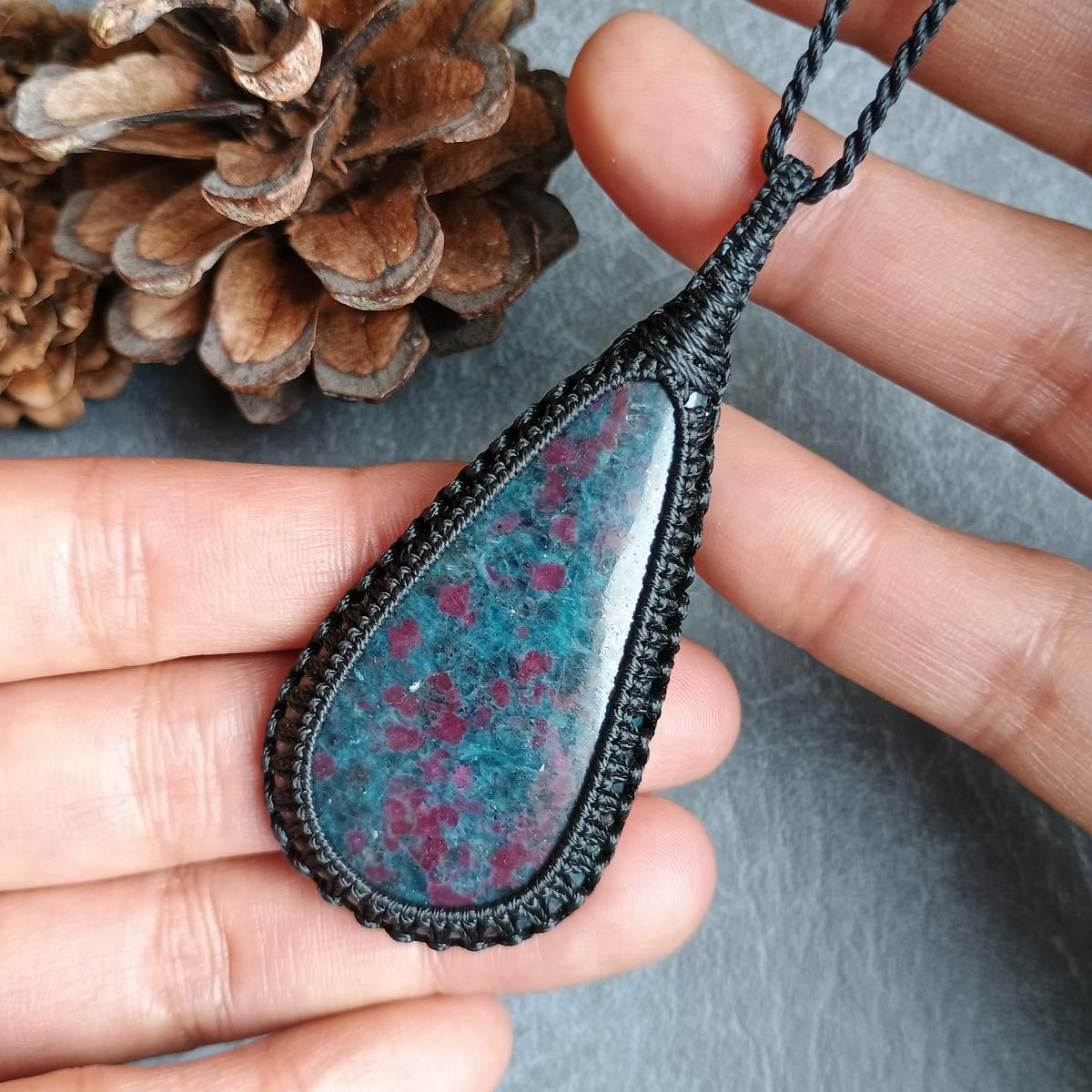 Ruby Kyanite Macrame Necklace | Pendant size approx 7.2 cm