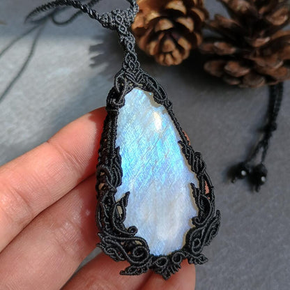 Kinaree - Moonstone Macrame Necklace | Freehand Design | Pendant size approx 7.2 cm