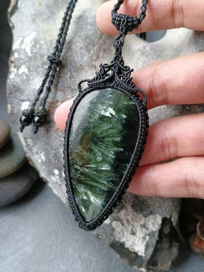 Seraphinite Macrame Necklace | Pendant size approx 8.3 cm