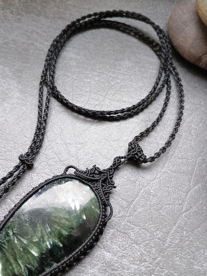 Seraphinite Macrame Necklace | Pendant size approx 8.3 cm