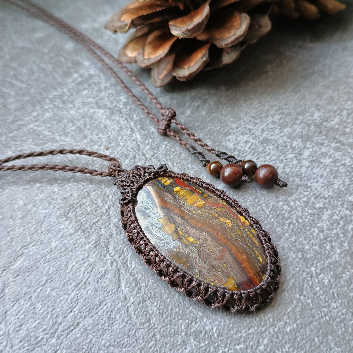 Tiger Iron Macrame Necklace | Pendant size approx 5.4 cm