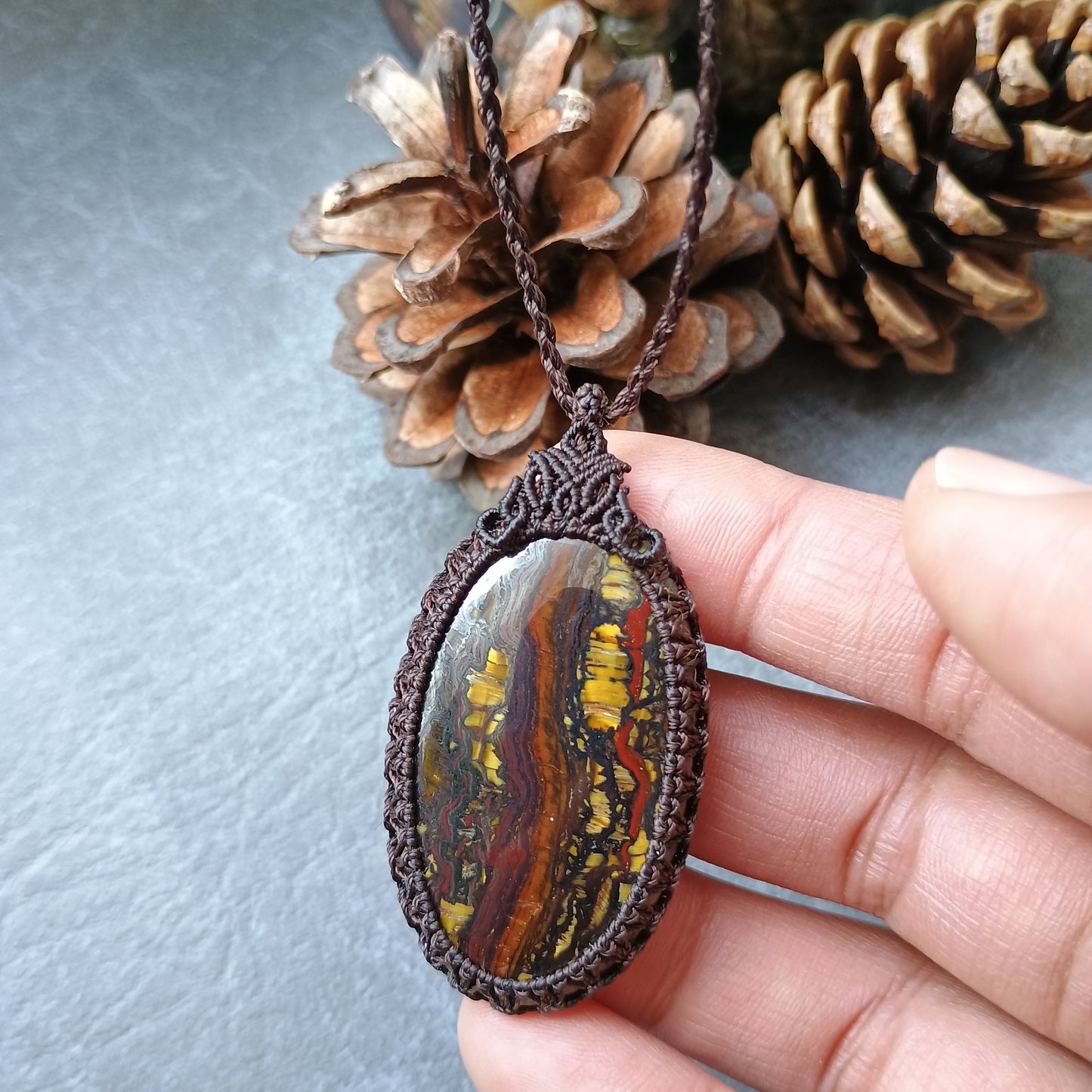 Tiger Iron Macrame Necklace | Pendant size approx 5.4 cm