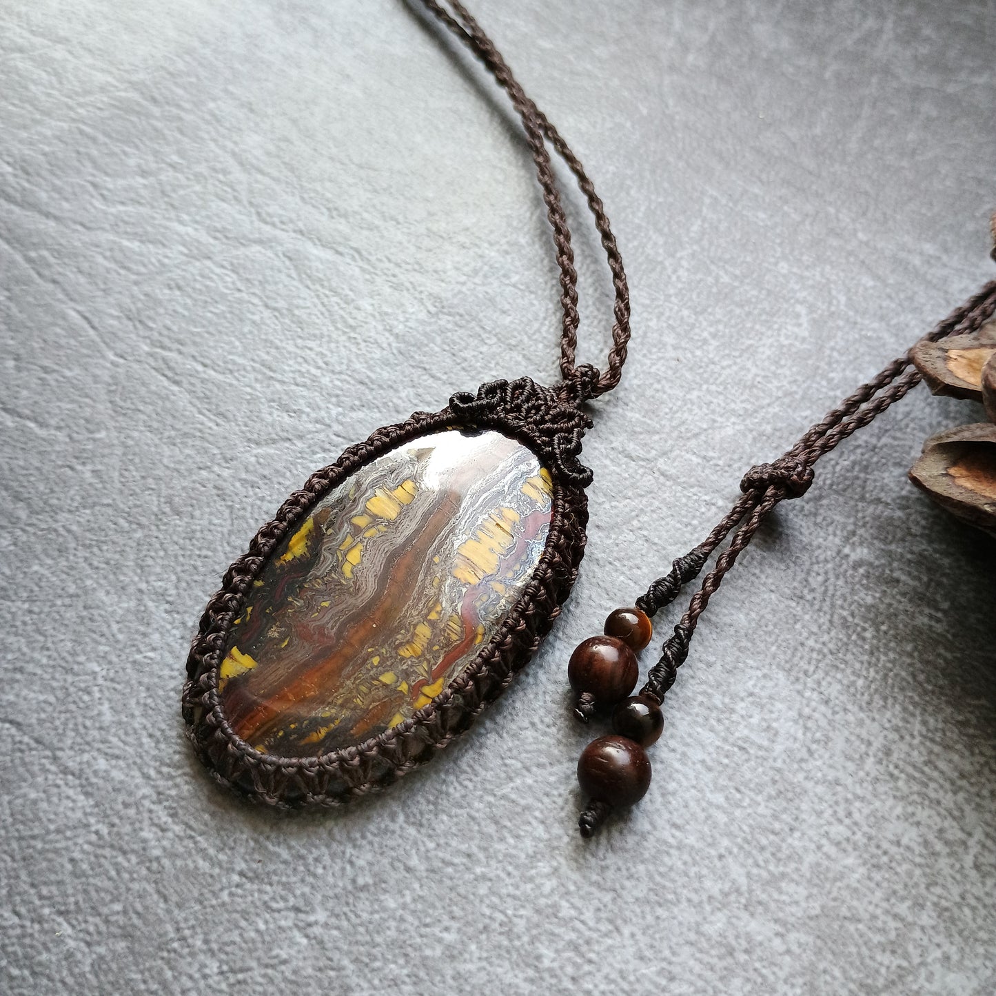 Tiger Iron Macrame Necklace | Pendant size approx 5.4 cm