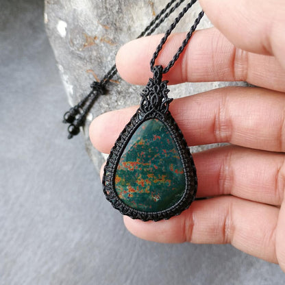 Bloodstone Macrame Necklace | Pendant size approx 5.2 cm