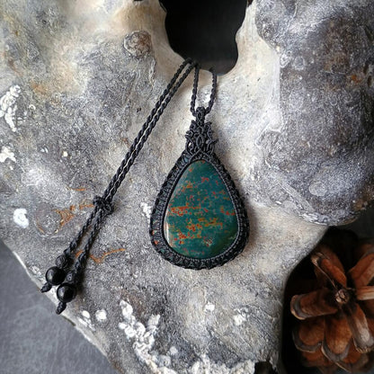 Bloodstone Macrame Necklace | Pendant size approx 5.2 cm