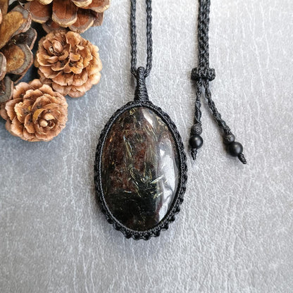 Golden Flash Arfvedsonite Macrame Necklace  | Pendant size approx 6.9 cm