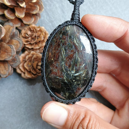 Golden Flash Arfvedsonite Macrame Necklace  | Pendant size approx 6.9 cm