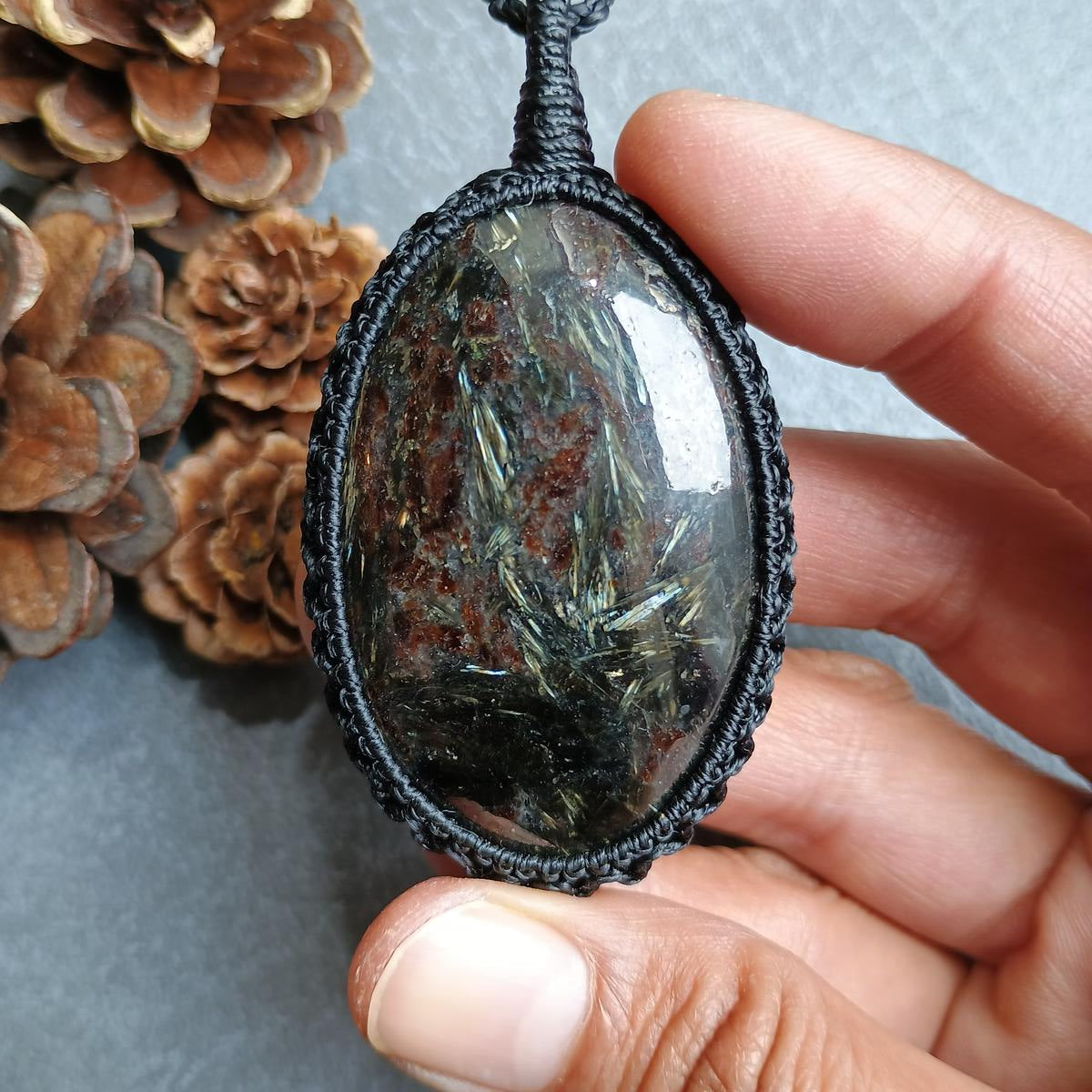 Golden Flash Arfvedsonite Macrame Necklace  | Pendant size approx 6.9 cm