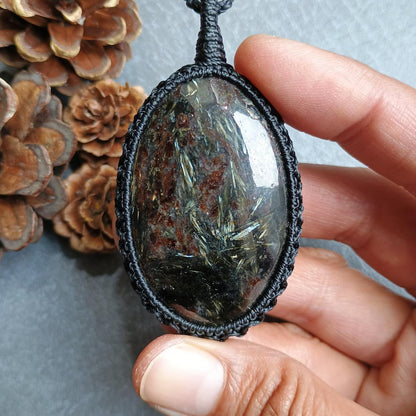 Golden Flash Arfvedsonite Macrame Necklace  | Pendant size approx 6.9 cm