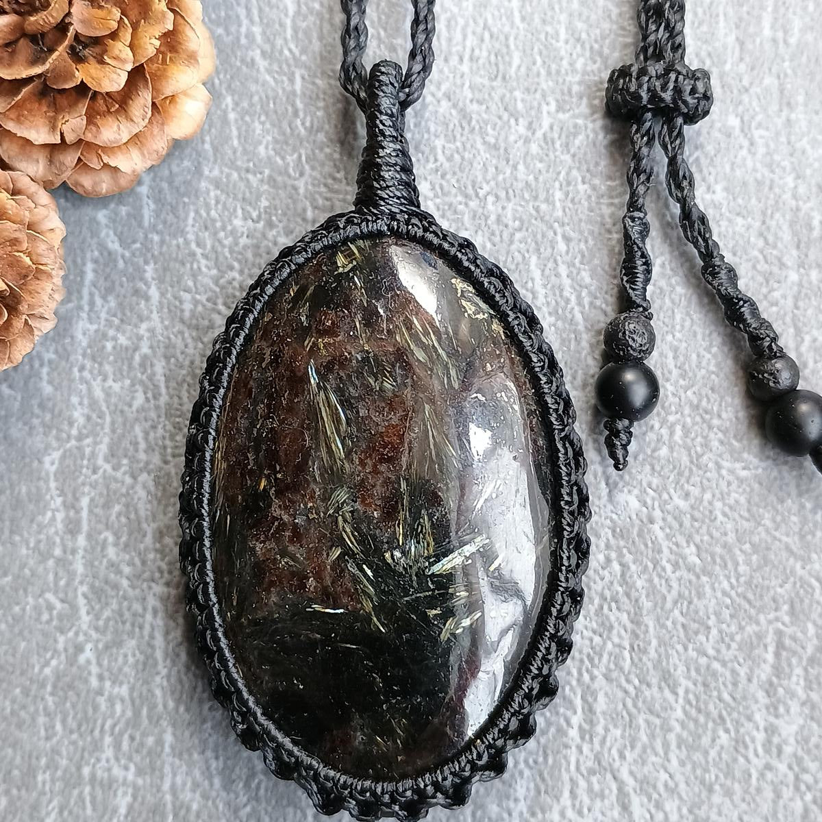 Golden Flash Arfvedsonite Macrame Necklace  | Pendant size approx 6.9 cm