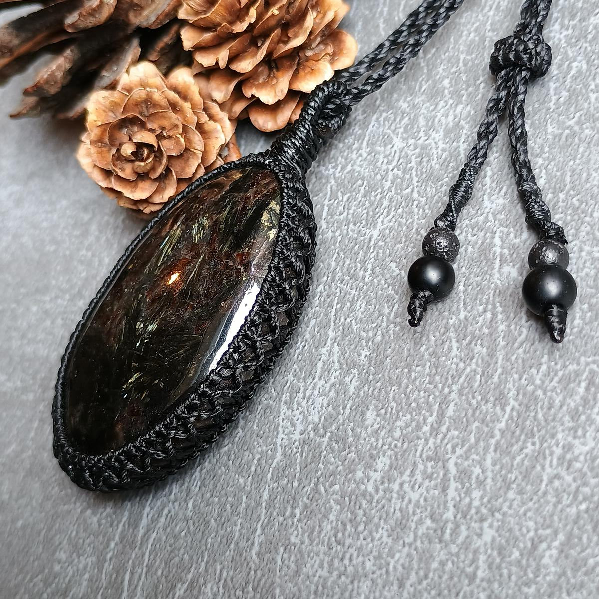 Golden Flash Arfvedsonite Macrame Necklace  | Pendant size approx 6.9 cm