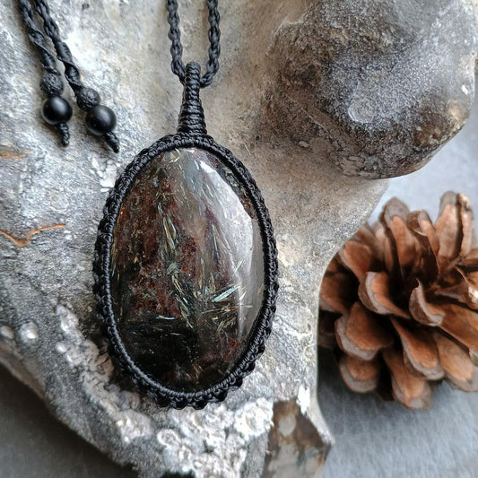 Golden Flash Arfvedsonite Macrame Necklace  | Pendant size approx 6.9 cm