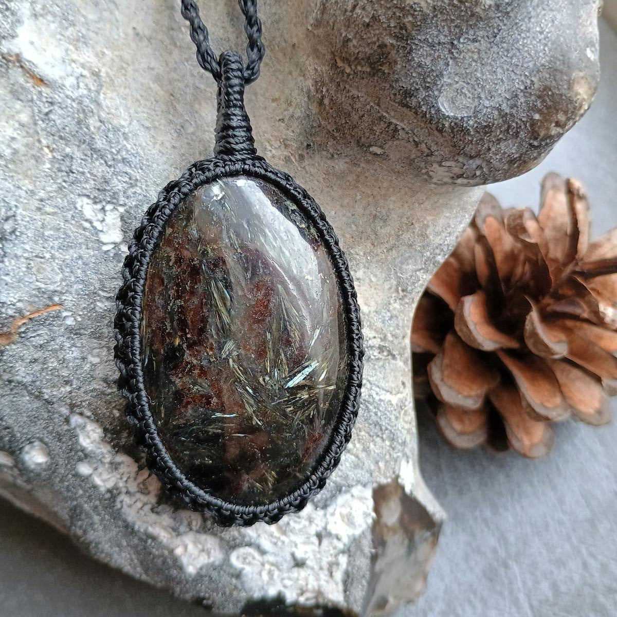 Golden Flash Arfvedsonite Macrame Necklace  | Pendant size approx 6.9 cm