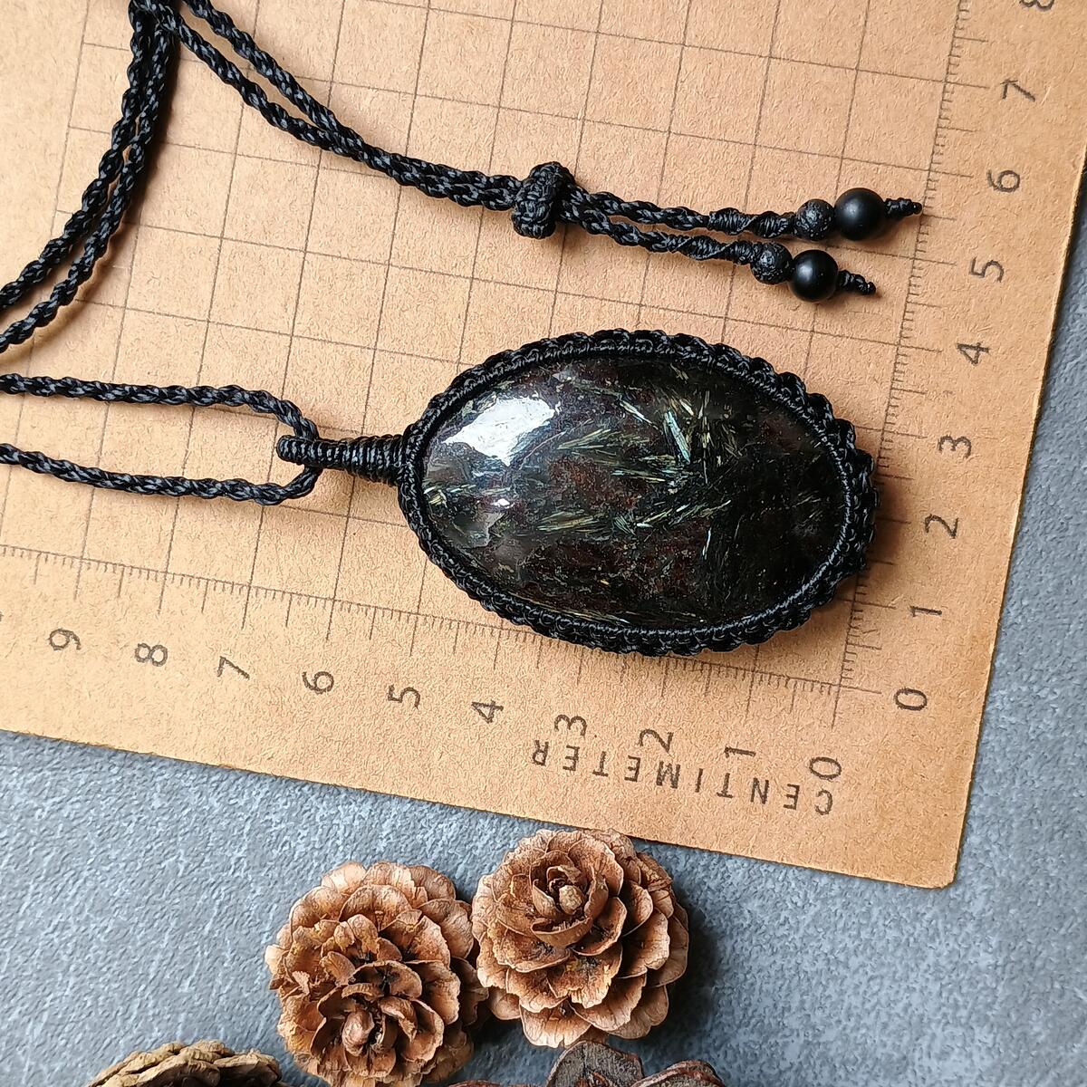 Golden Flash Arfvedsonite Macrame Necklace  | Pendant size approx 6.9 cm
