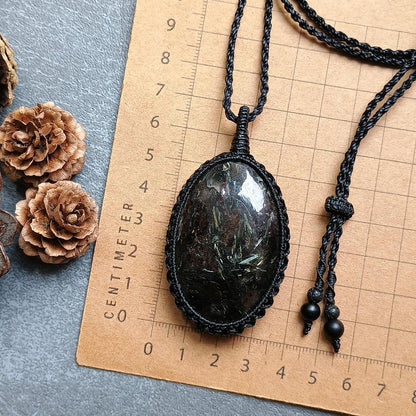 Golden Flash Arfvedsonite Macrame Necklace  | Pendant size approx 6.9 cm