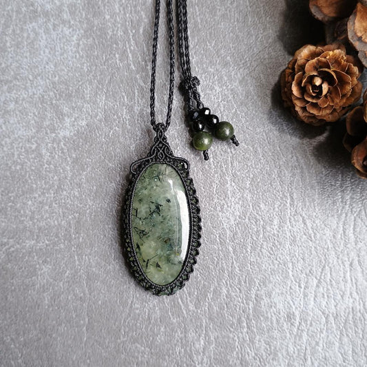 Prehnite Macrame Necklace  | Pendant size approx 5.6 cm