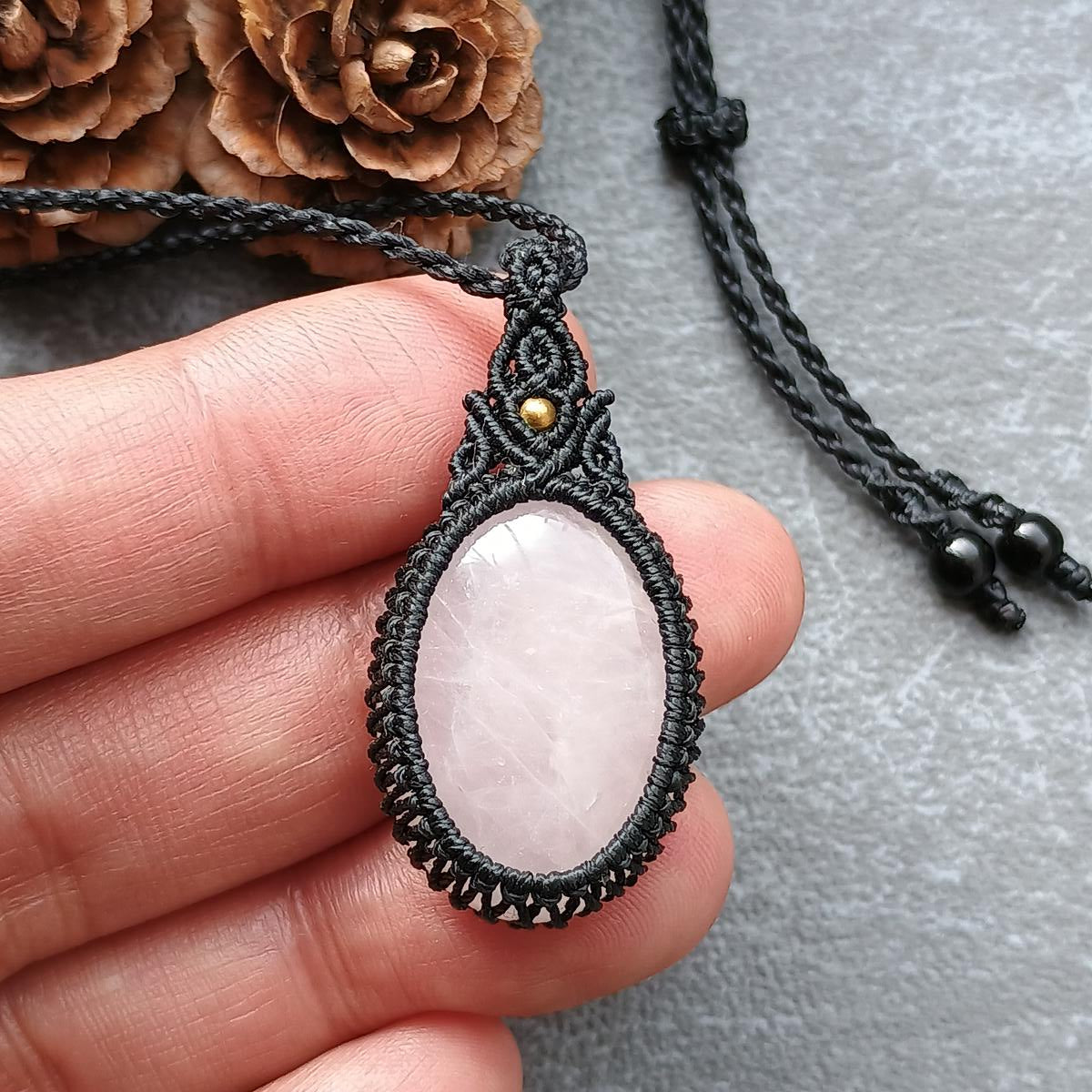 Rose Quartz Macrame Necklace | Pendant size approx 4 cm