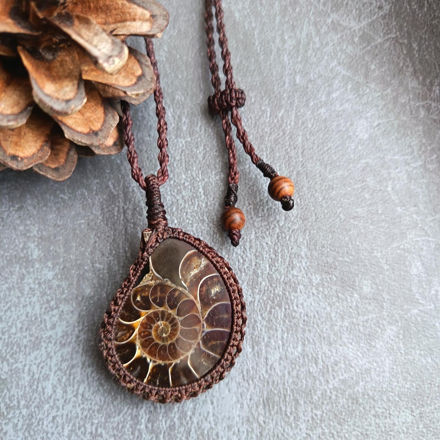 Ammonite Fossil Macrame Necklace | Pendant size approx 5 cm