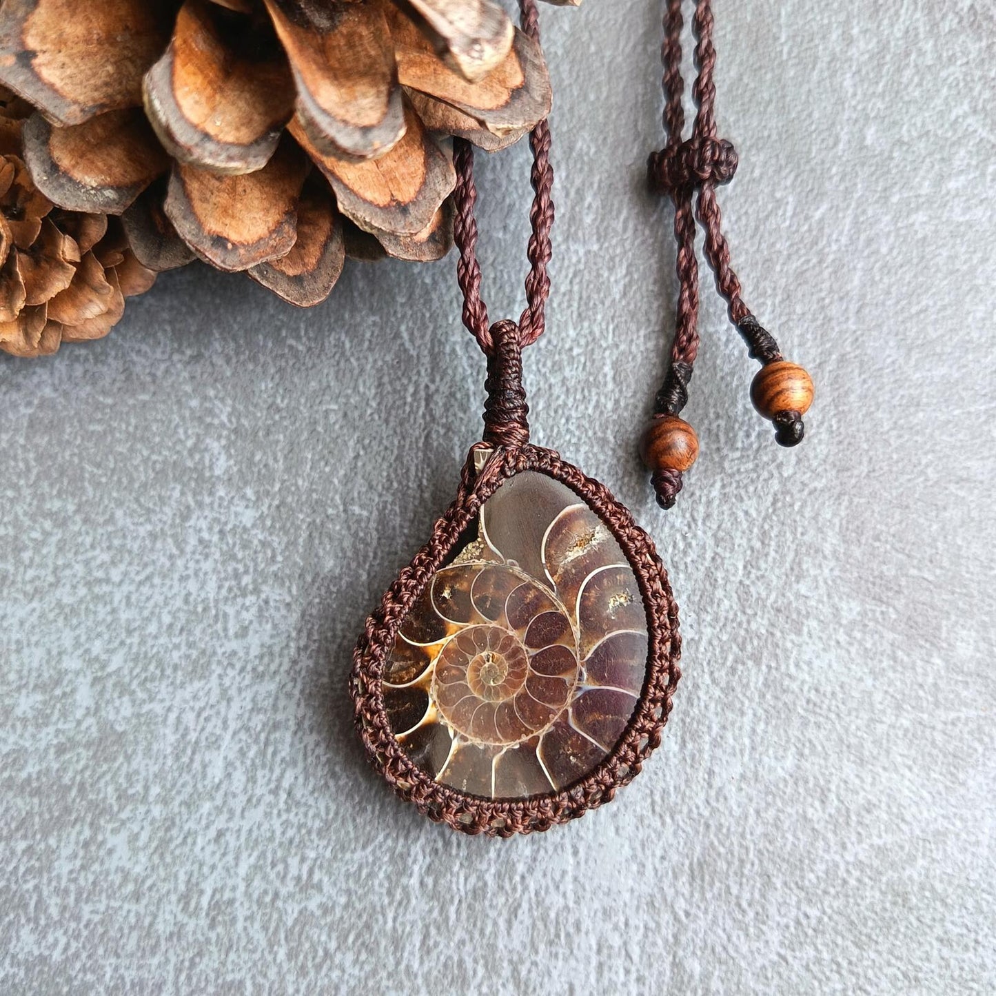 Ammonite Fossil Macrame Necklace | Pendant size approx 5 cm