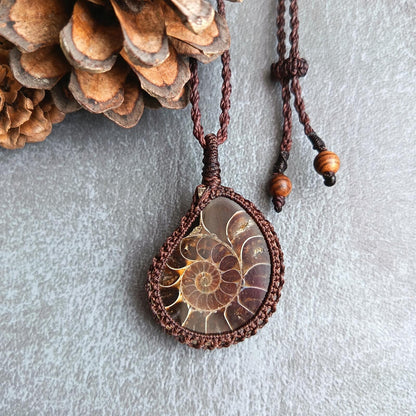 Ammonite Fossil Macrame Necklace | Pendant size approx 5 cm