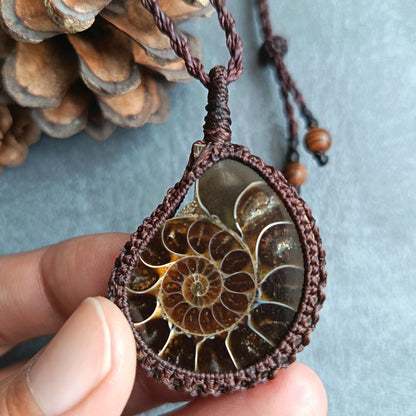 Ammonite Fossil Macrame Necklace | Pendant size approx 5 cm