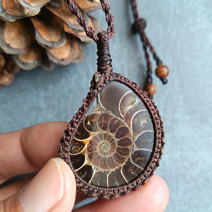 Ammonite Fossil Macrame Necklace | Pendant size approx 5 cm