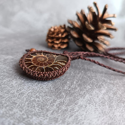 Ammonite Fossil Macrame Necklace | Pendant size approx 5 cm