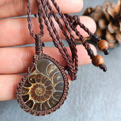 Ammonite Fossil Macrame Necklace | Pendant size approx 5 cm