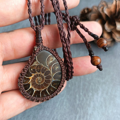 Ammonite Fossil Macrame Necklace | Pendant size approx 5 cm