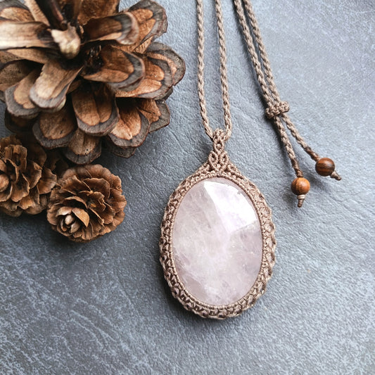 Rose Quartz Macrame Necklace | Pendant size approx 6cm