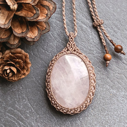 Rose Quartz Macrame Necklace | Pendant size approx 6cm