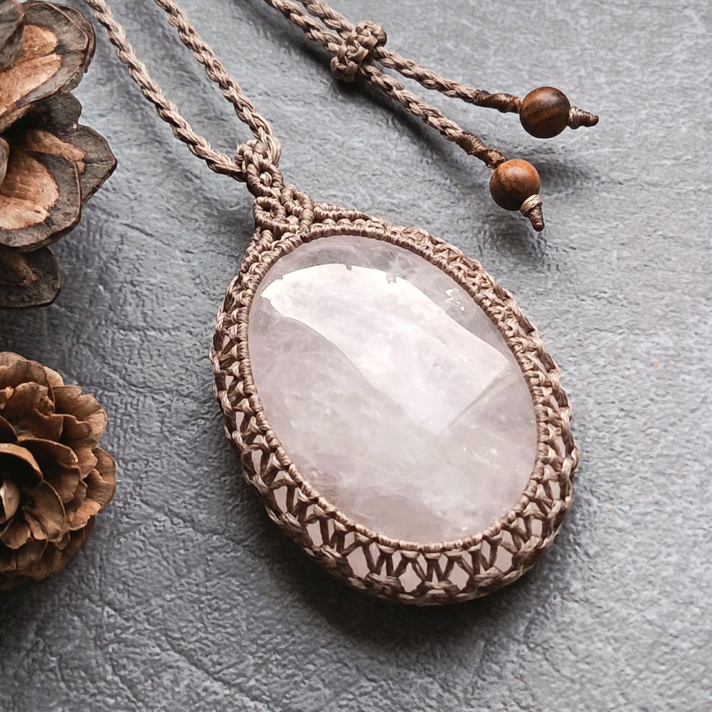 Rose Quartz Macrame Necklace | Pendant size approx 6cm