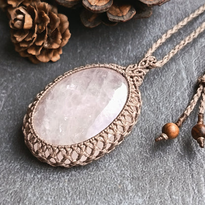 Rose Quartz Macrame Necklace | Pendant size approx 6cm