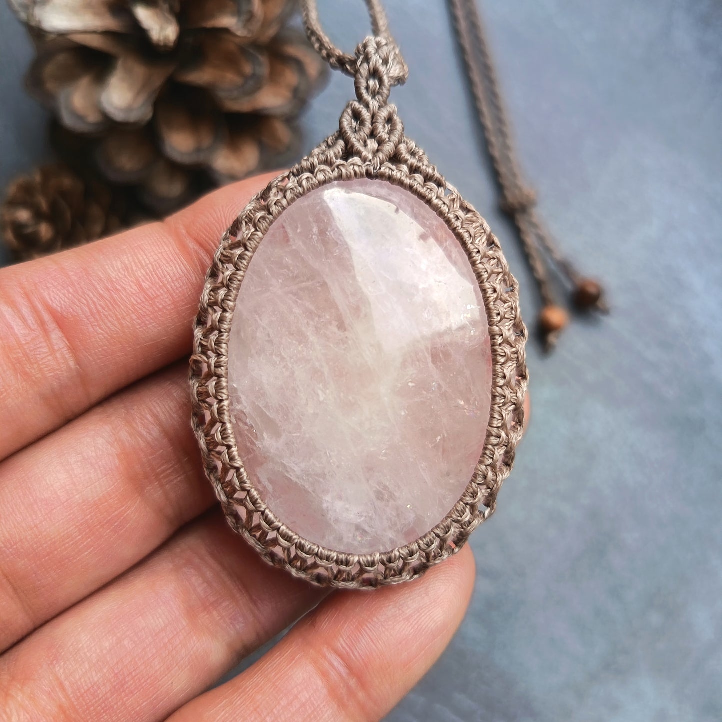 Rose Quartz Macrame Necklace | Pendant size approx 6cm