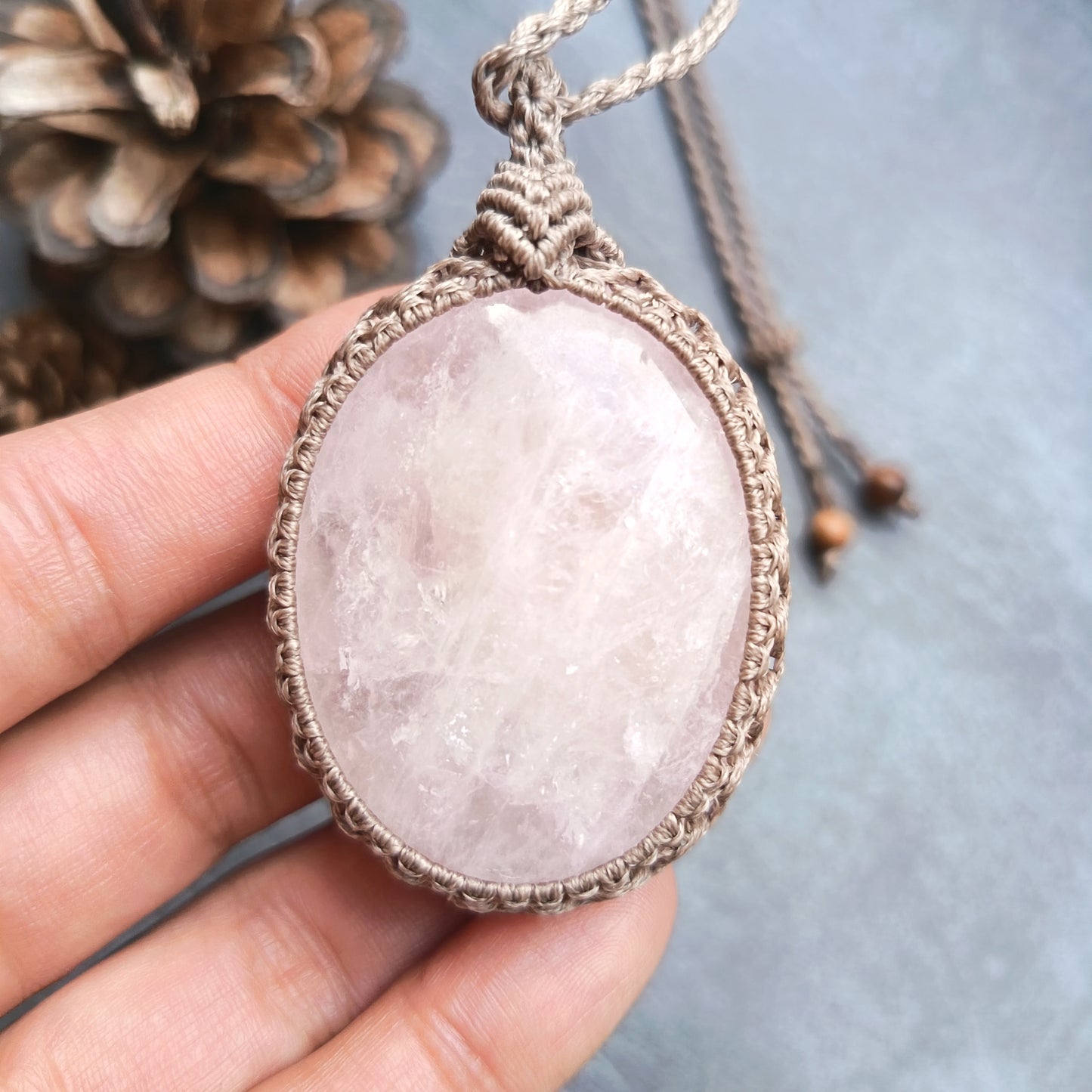 Rose Quartz Macrame Necklace | Pendant size approx 6cm