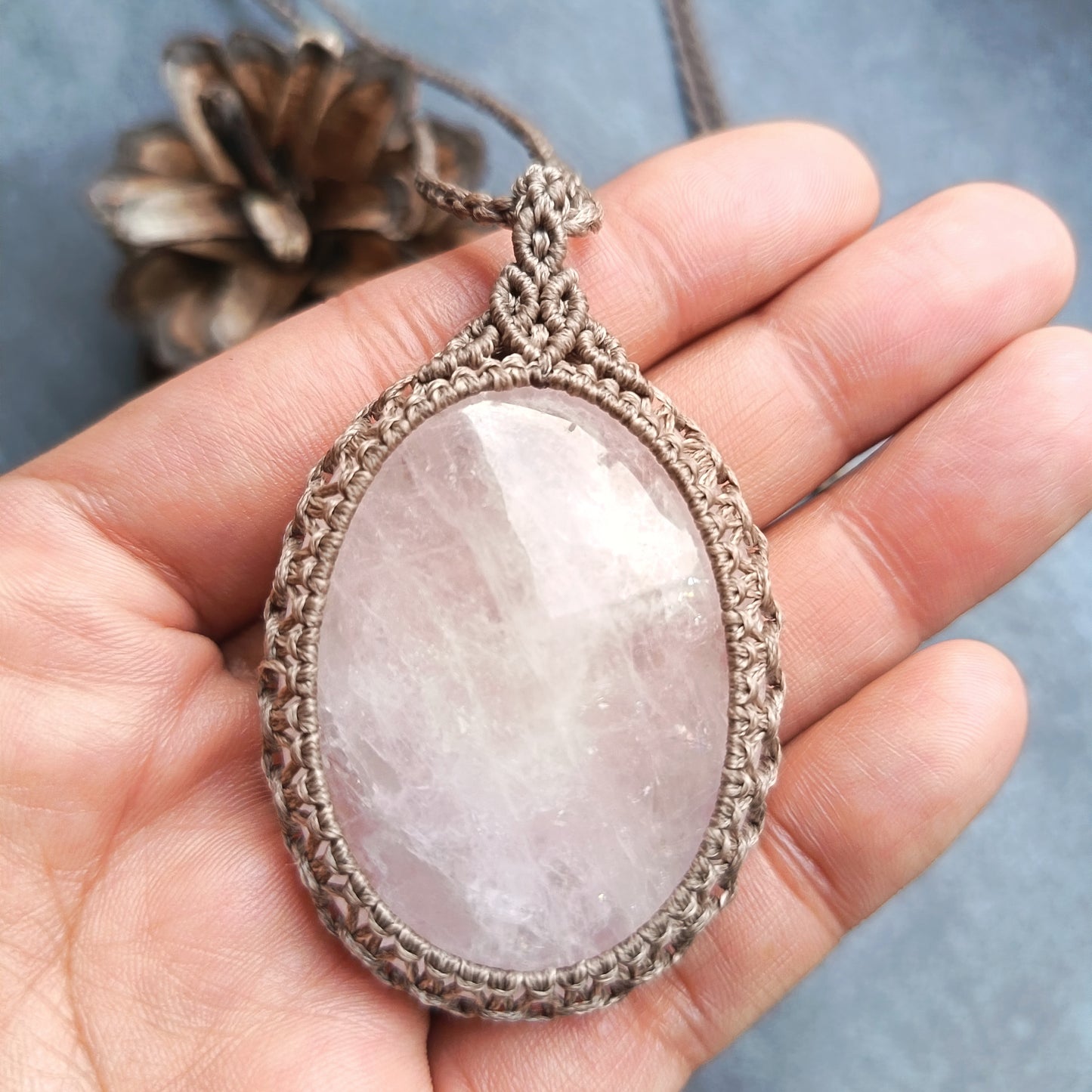 Rose Quartz Macrame Necklace | Pendant size approx 6cm