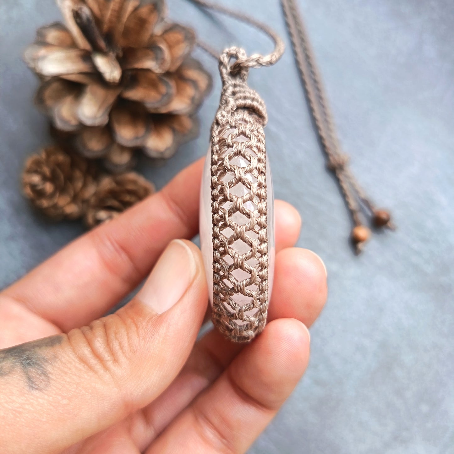 Rose Quartz Macrame Necklace | Pendant size approx 6cm