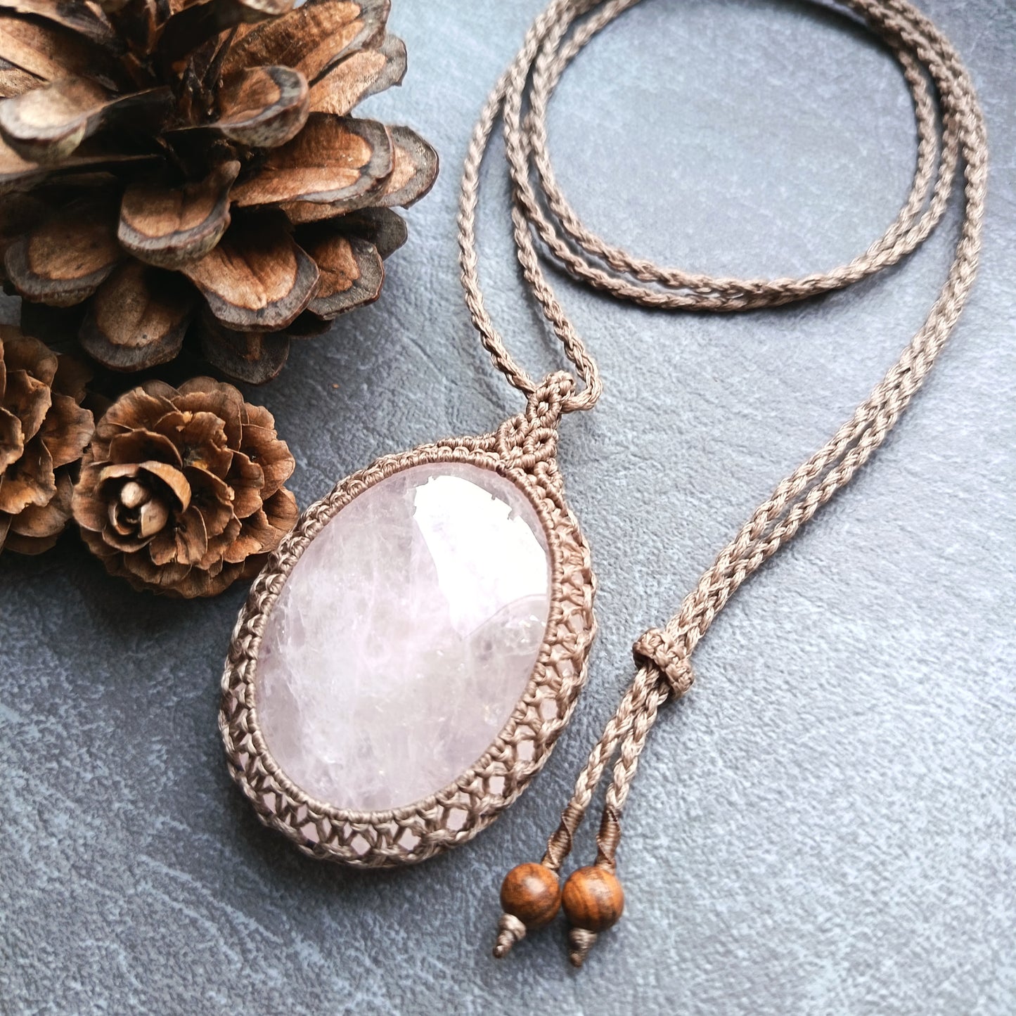 Rose Quartz Macrame Necklace | Pendant size approx 6cm