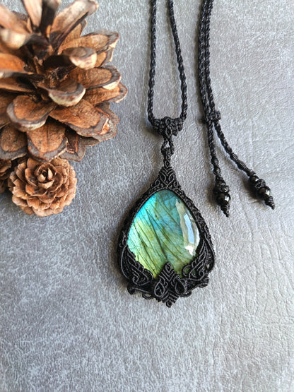 Labradorite Macrame Necklace | Pendant size approx 6.5cm - Freehand Design