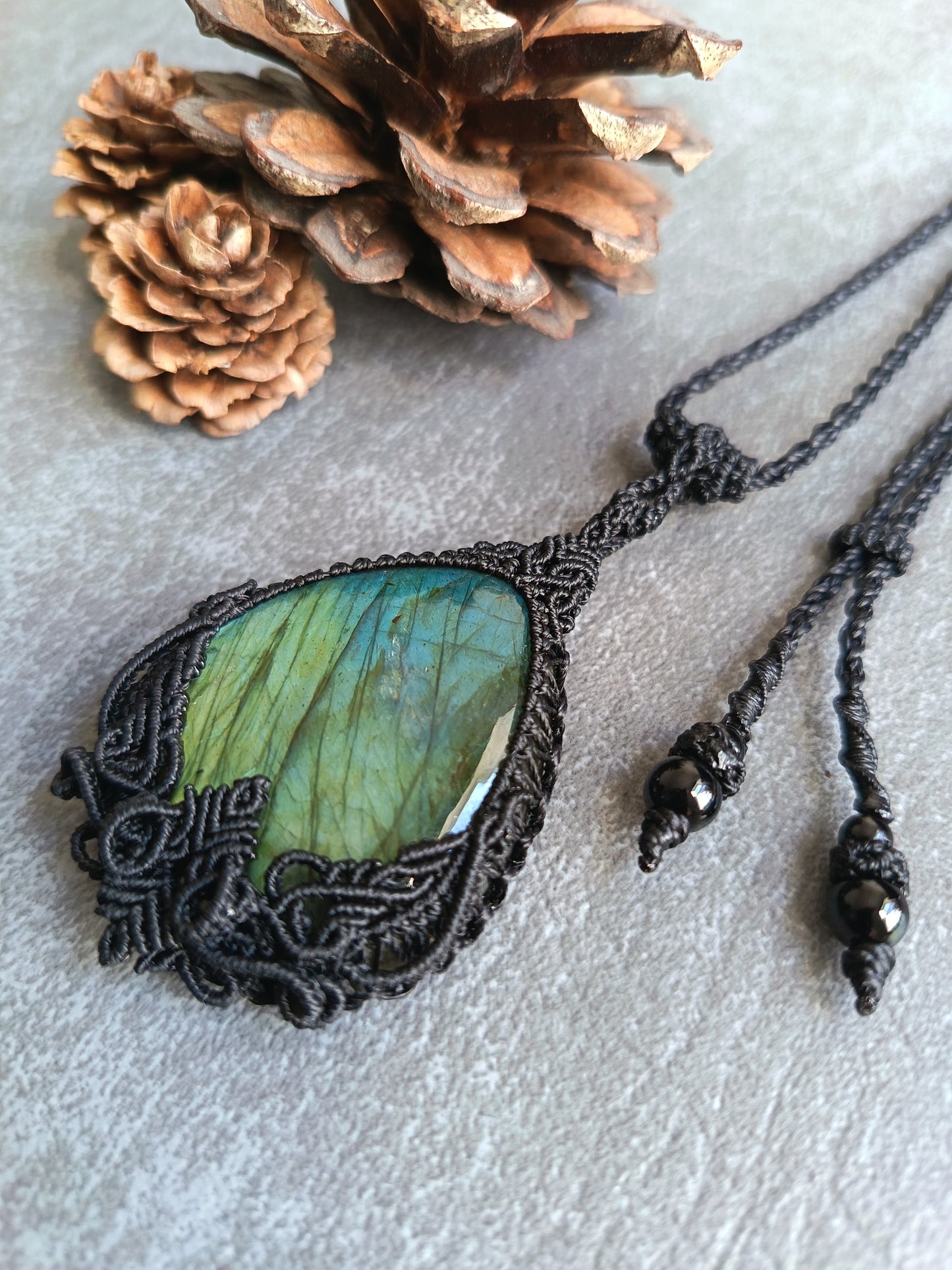 Labradorite Macrame Necklace | Pendant size approx 6.5cm - Freehand Design