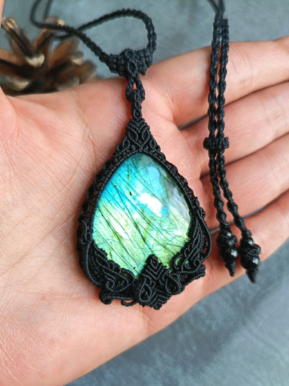 Labradorite Macrame Necklace | Pendant size approx 6.5cm - Freehand Design