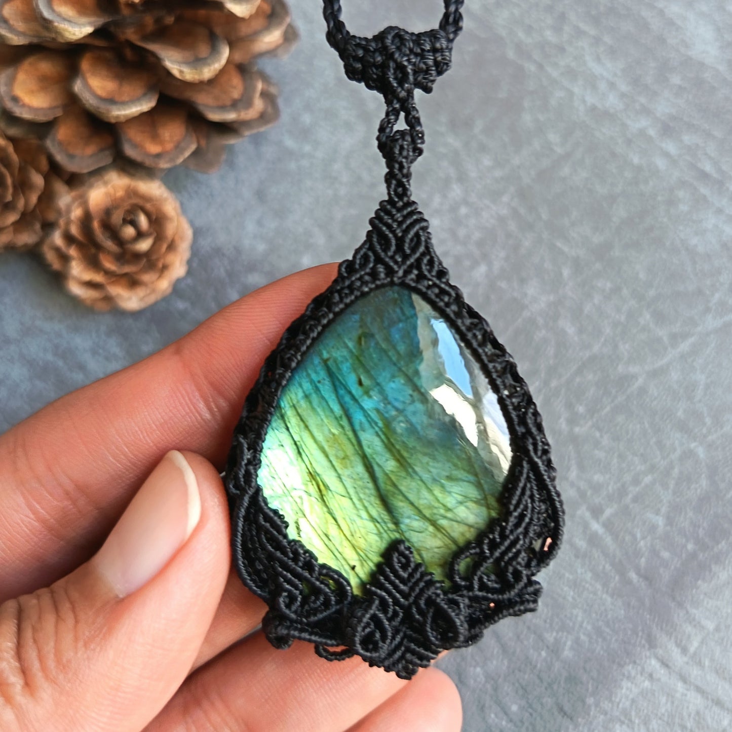 Labradorite Macrame Necklace | Pendant size approx 6.5cm - Freehand Design