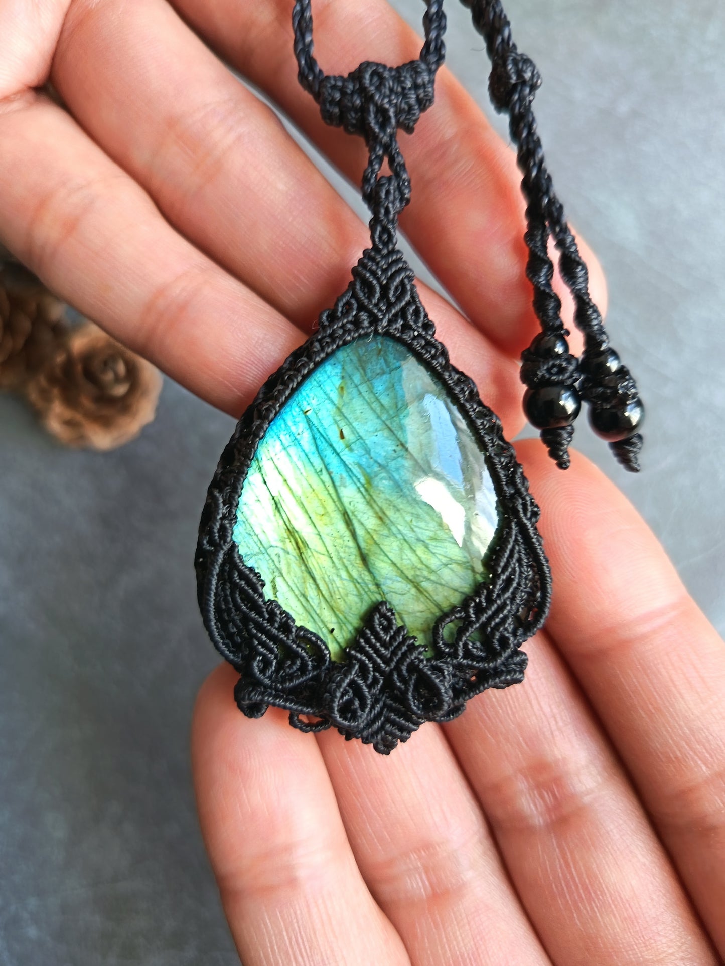 Labradorite Macrame Necklace | Pendant size approx 6.5cm - Freehand Design